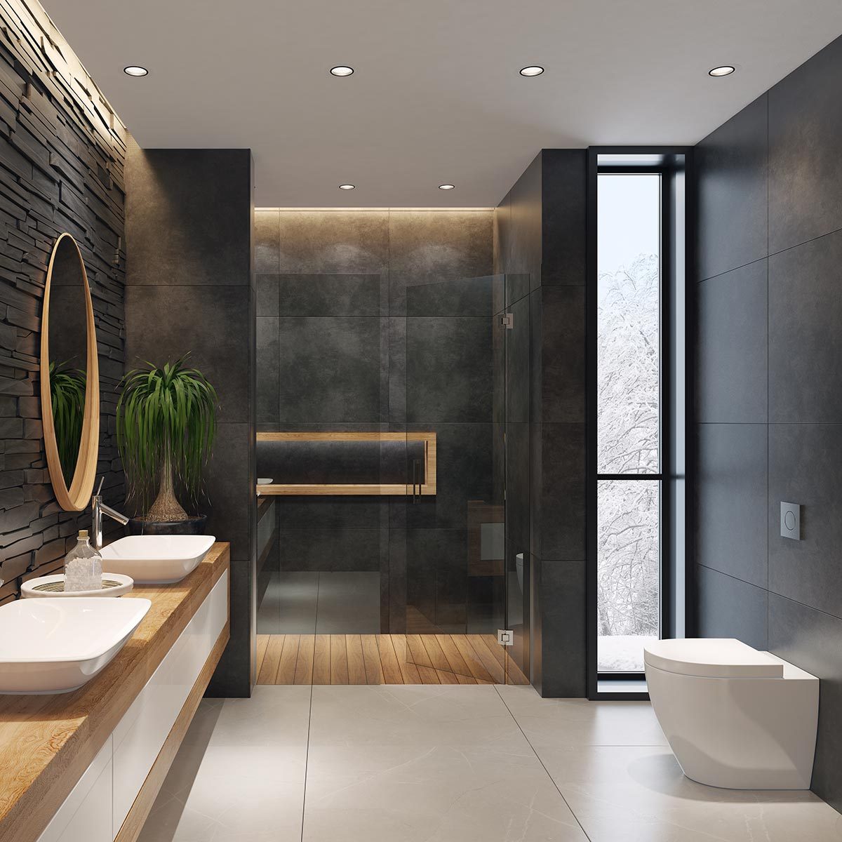 Luxurious Minimalist Bathroom With Slate Black Stone Wall