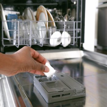 Woman Puts Dishwasher Tablet Into Dispenser