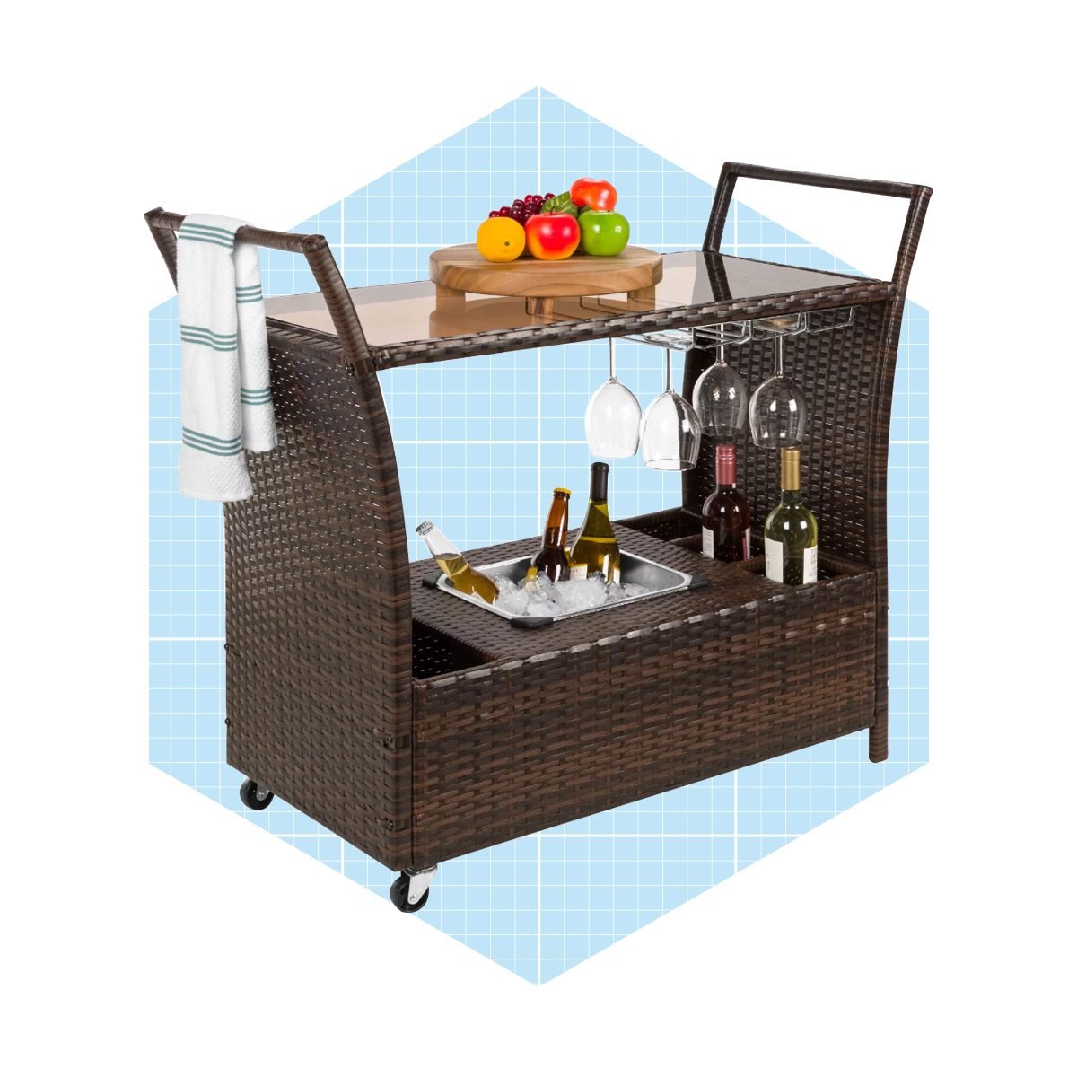 Best Choice Products Wicker Outdoor Rolling Bar Cart With Ice Bucket, Glass Countertop, Glass Holders, And Storage Ecomm Bedbathandbeyond.com