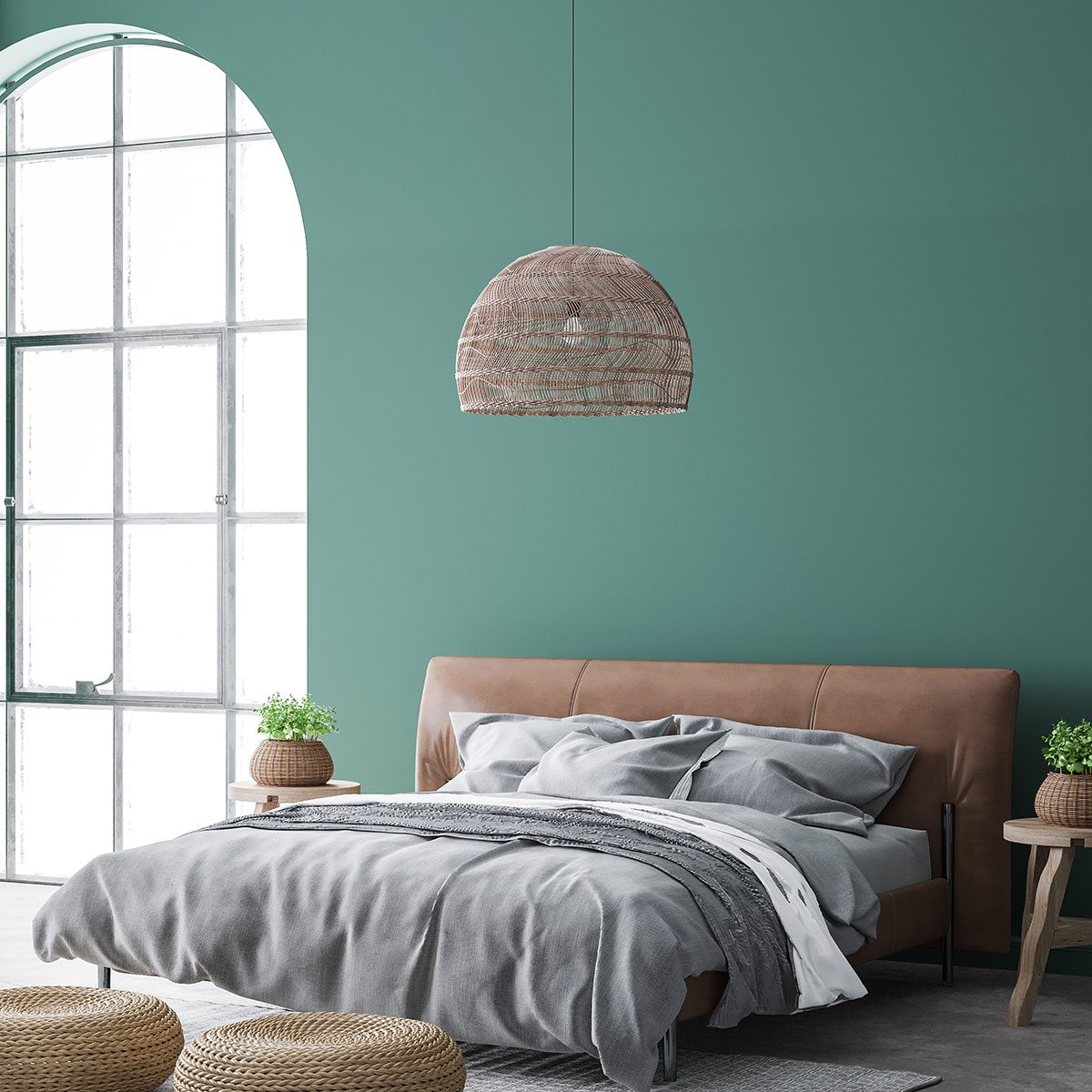 Minimal Bedroom Design, Interior Wall Mockup With Brown Leather Bed On Green Wall Background