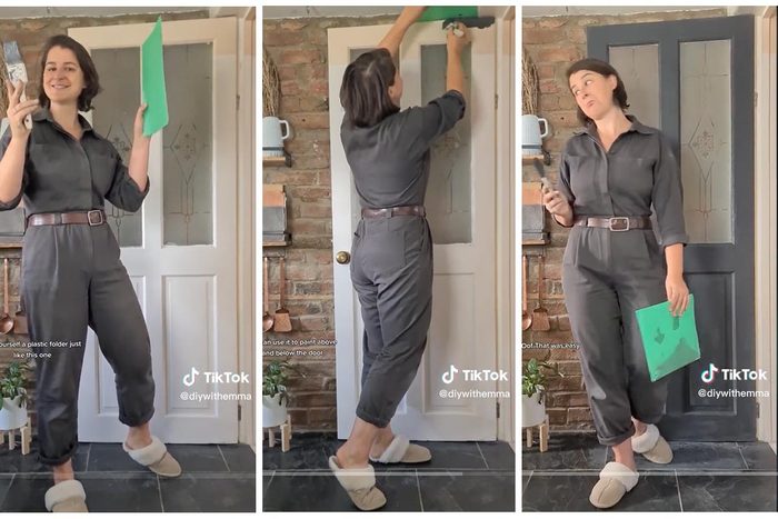 Easy Door Painting Hack Without removing off of hinges with a plastic folder via DIYWithEmma Tiktok