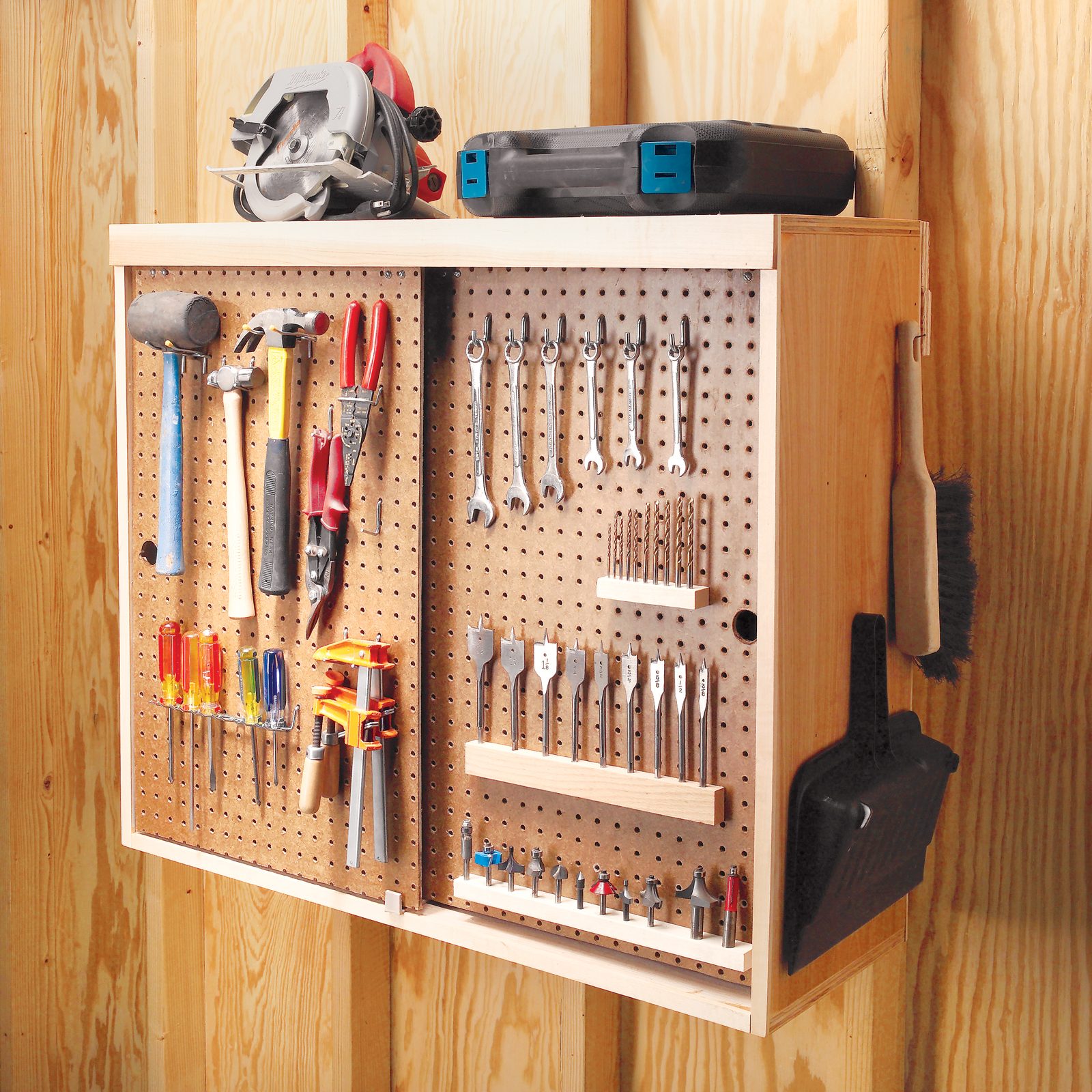 Pegboard sliding tool cabinet