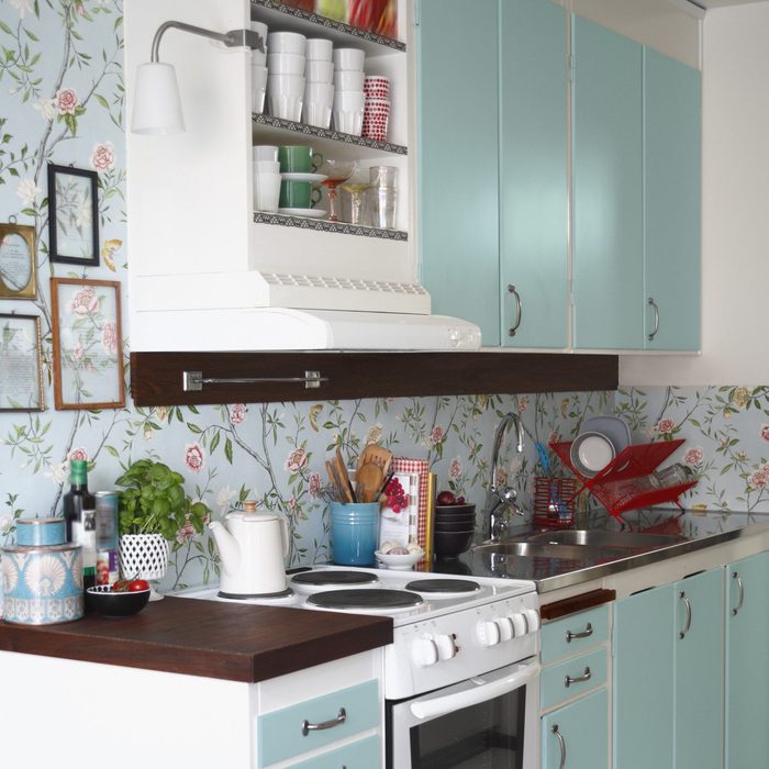 small kitchen with wallpaper