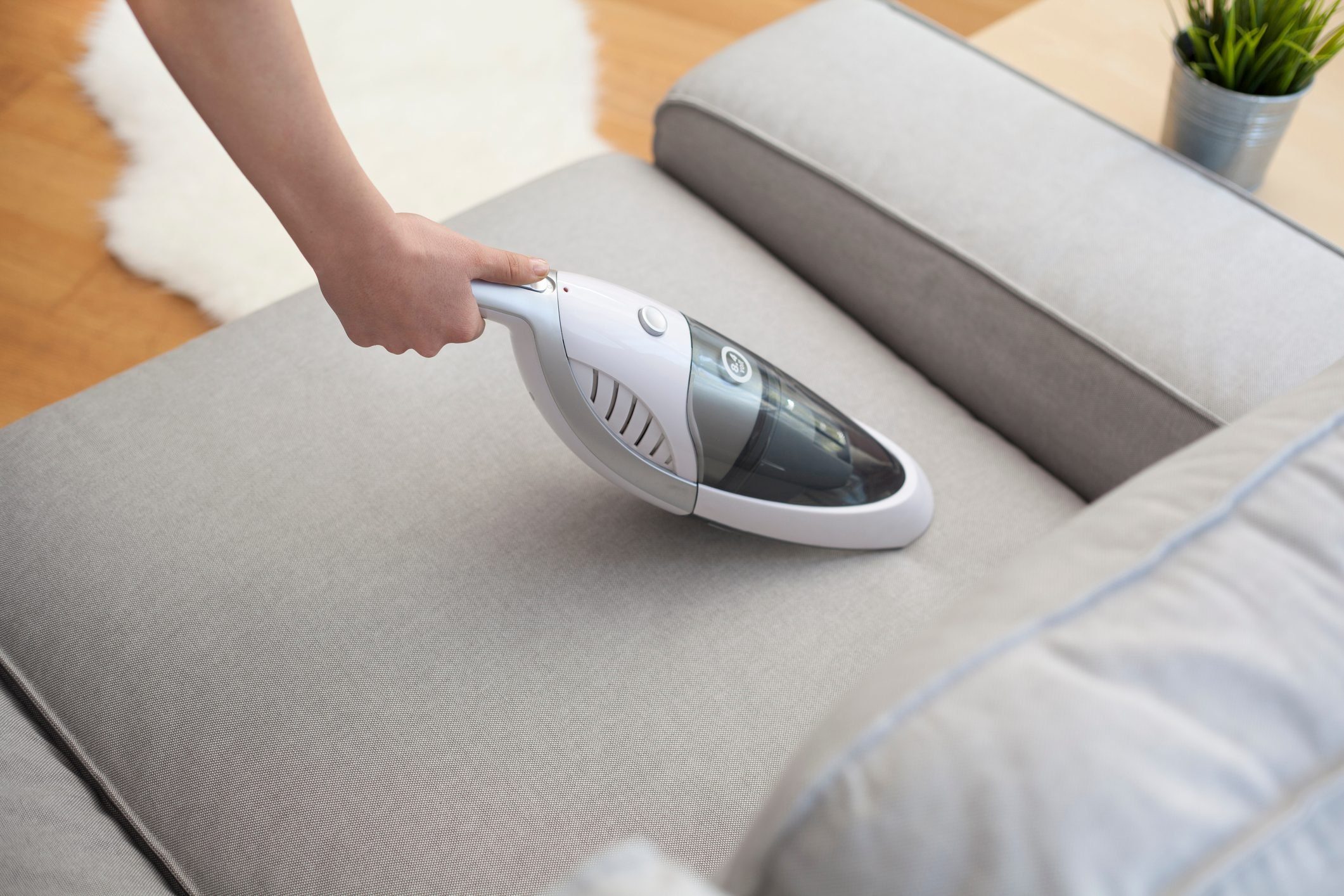 Woman With Handheld Vacuum Cleaning On Sofa 2