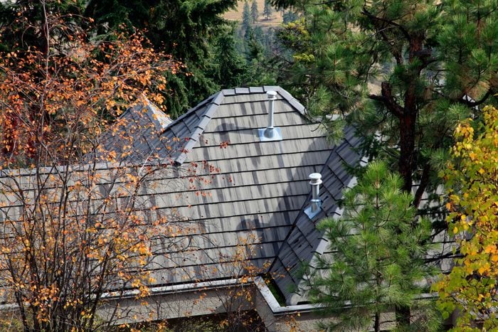 Composite Synthetic Shingle Roof Surrounded By Autumn Trees