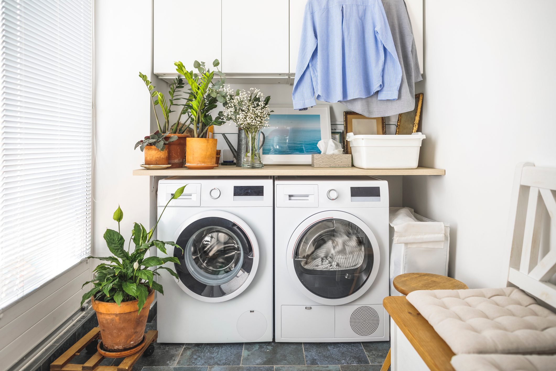 new washer and dryer in a home laundry room
