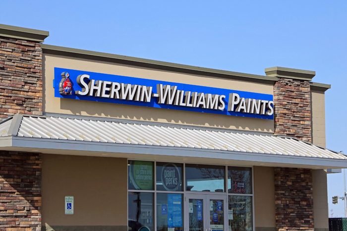 Sherwin Williams paint store with store name and logo above entrance