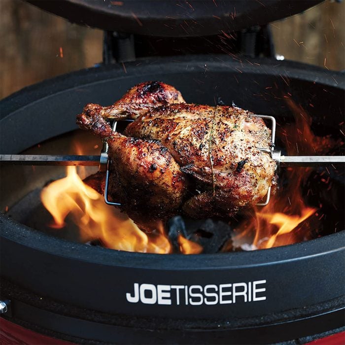 close up of a chicken on a Joetisserie