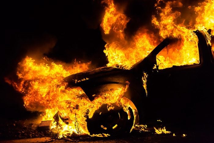 Car in fire, burning