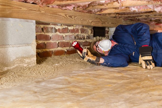 Man inspecting for termites in crawl space