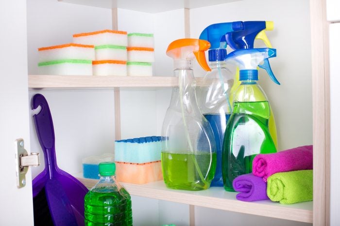 Cleaning supplies in pantry