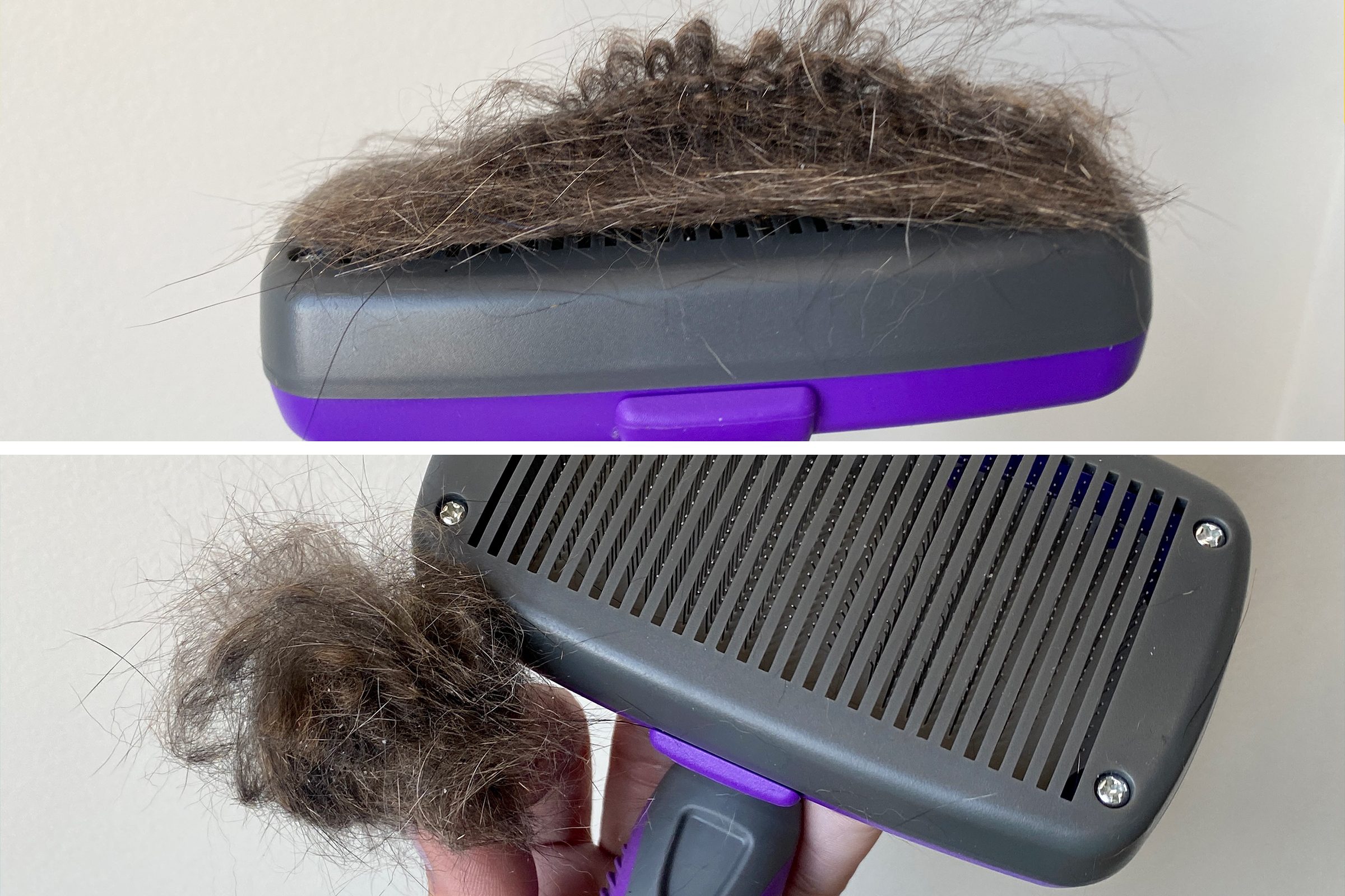 before and after removing fur from Hertzko pet brush