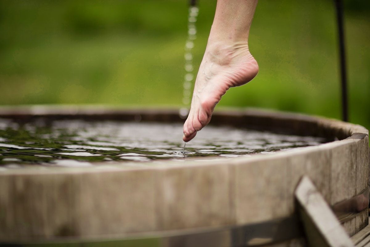 Bare Foot Of Mature Woman Stepping Into Fresh Cold Water Tub At Eco Retreat