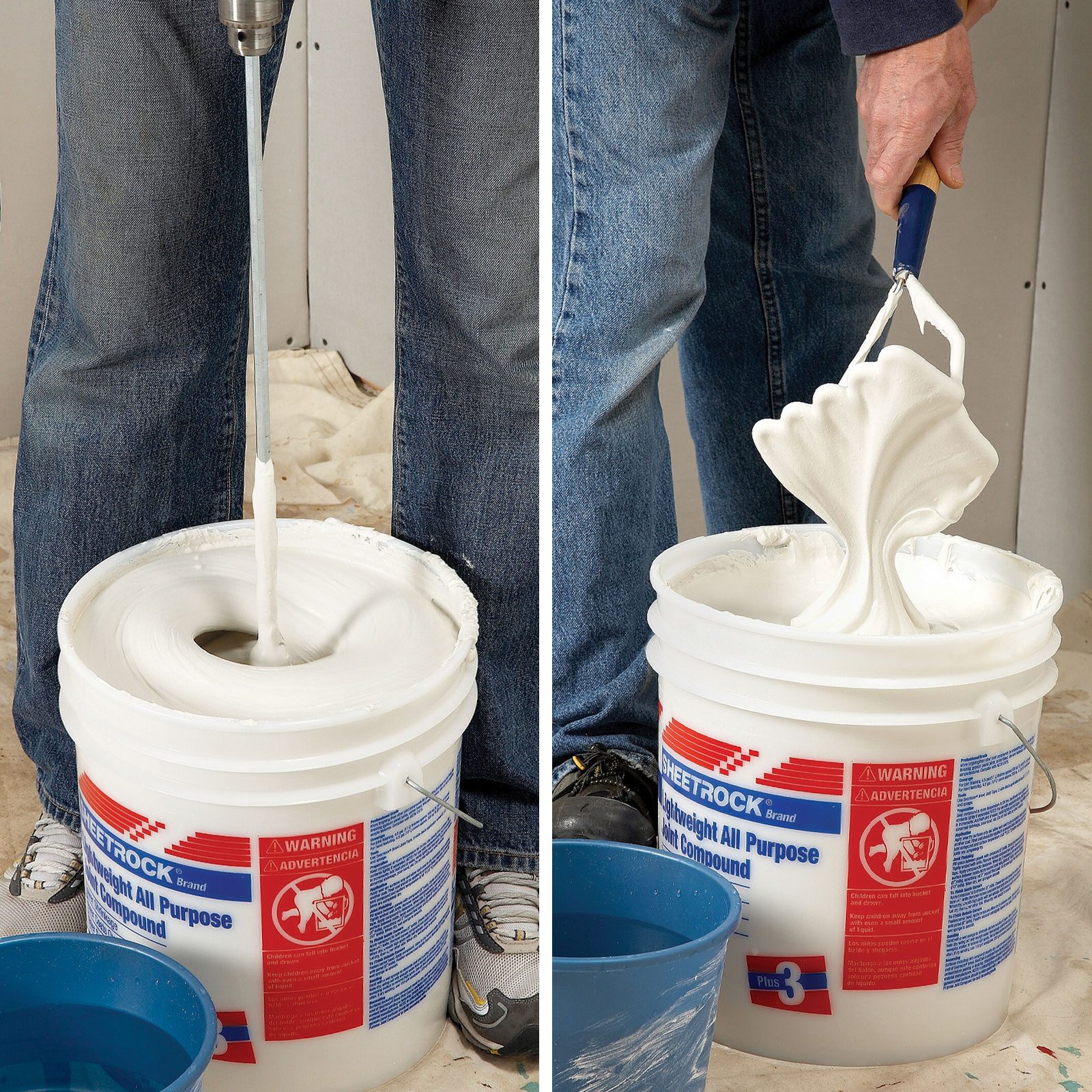 mixing compound in a bucket