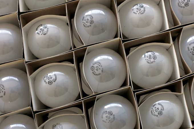 Boxes of incandescent light bulbs are seen at the City Lights Light Bulb Store in San Francisco, California