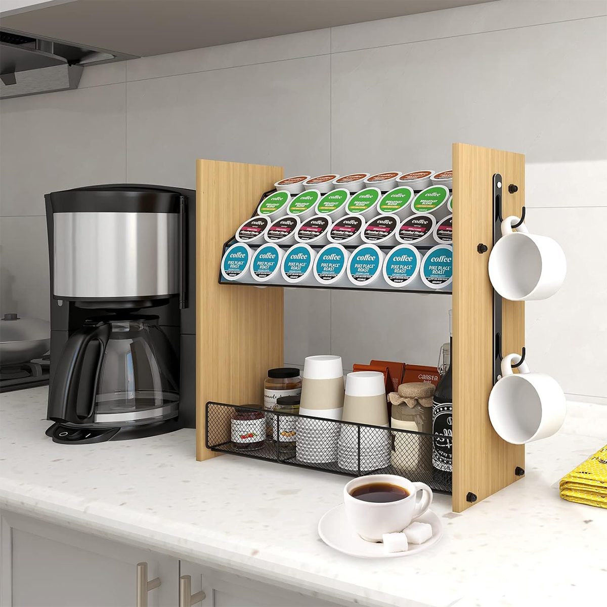Soulhand Coffee Station Organizer with Drawer Wooden Coffee Bar