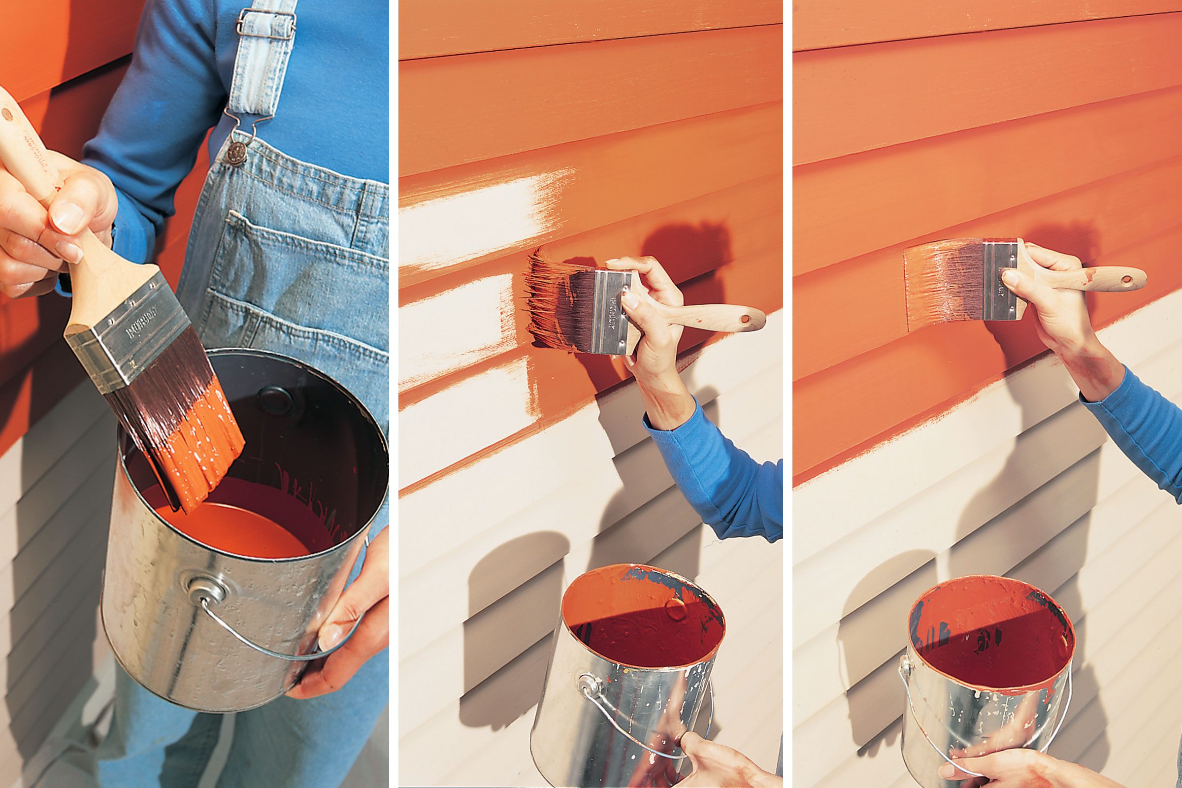 three steps painting a house exterior with a brush
