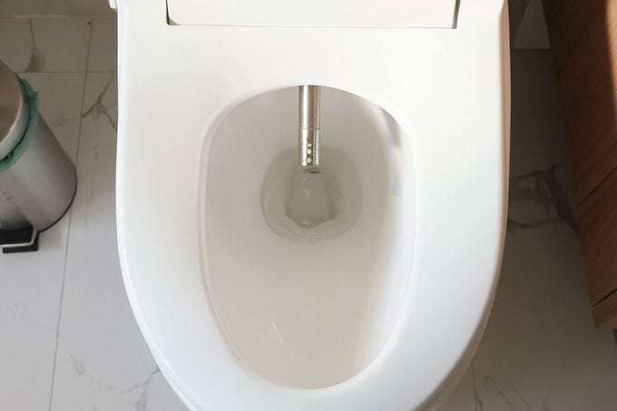 Modern Silver Bidet Injector Appears In White Flush Toilet Near Trash Bin in a Residential Bathroom