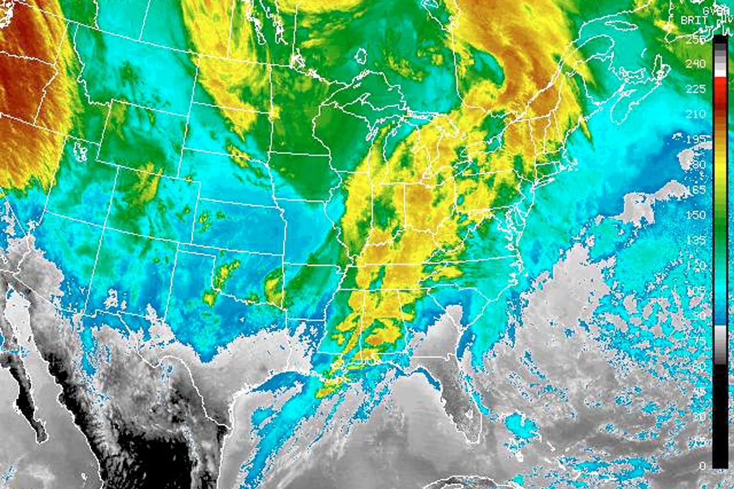 This color enhanced image from the GEOS-8 satellite shows a band of severe weather streaking up from the Gulf of Mexico across the southeastern United States on December 19, 2002.
