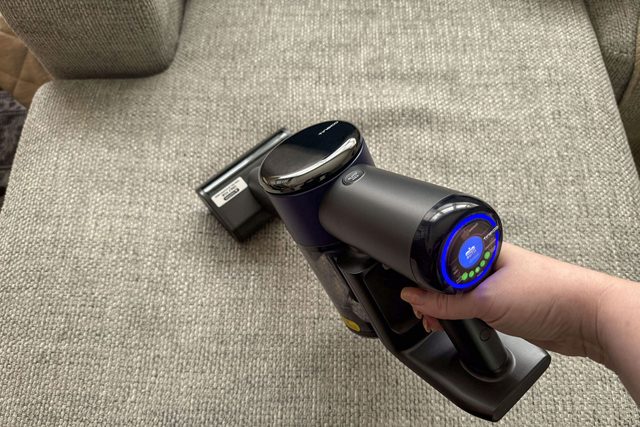 Cleaning couch with vacuum cleaner