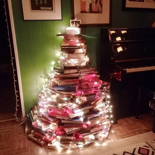 decorated book christmas tree with lights