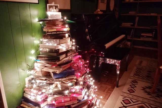 decorated book christmas tree with lights