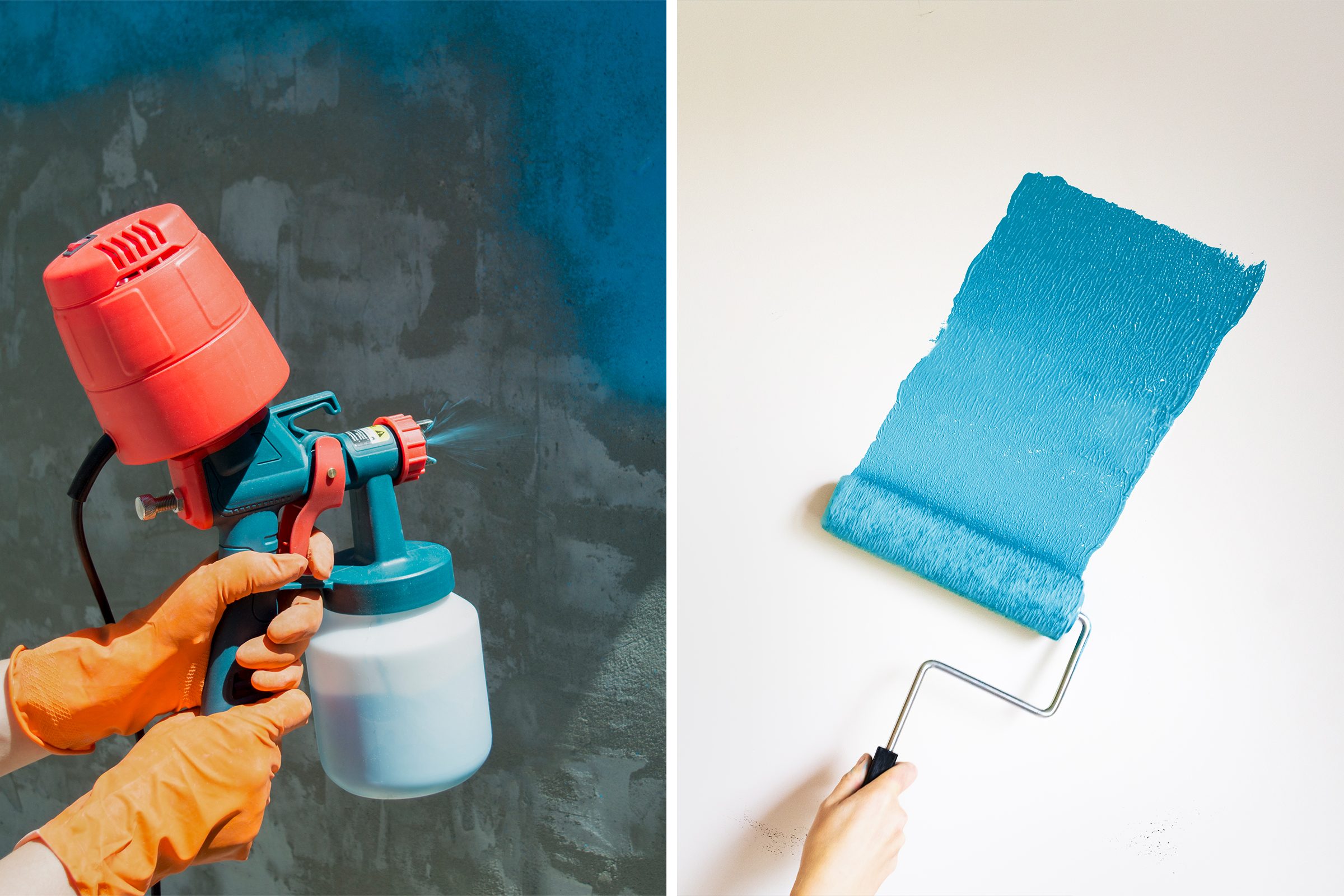 side by side comparison of a paint sprayer spaying teal paint onto a concrete wall and a paint roller painting teal paint onto a white wall