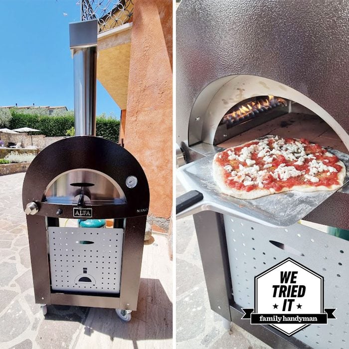 Alfa Nano Pizza oven with we tried it badge in bottom right corner