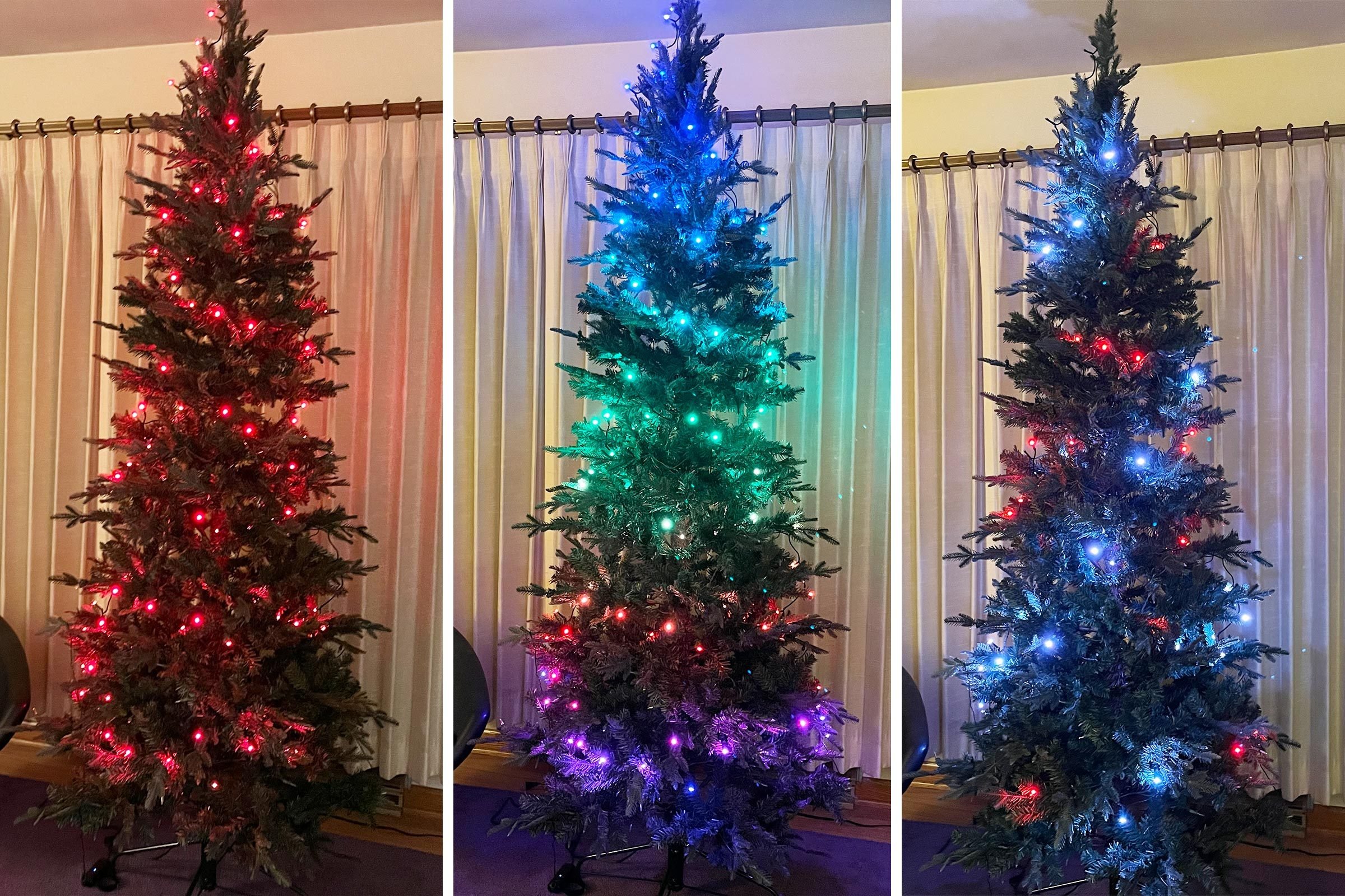 three different light settings on smart twinkly light tree