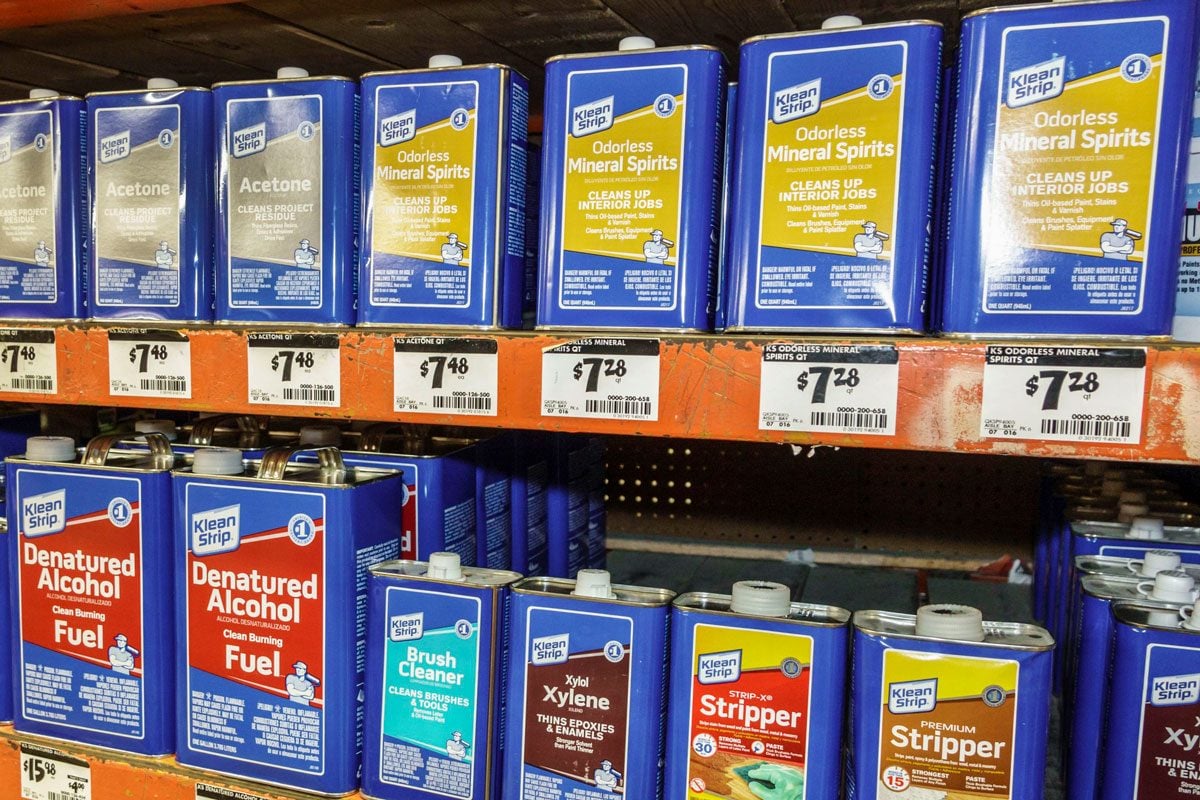Industrial Paint Thinning Supplies and Spirits Rest on a Store Shelve in The Home Depot Store in Miami, Florida