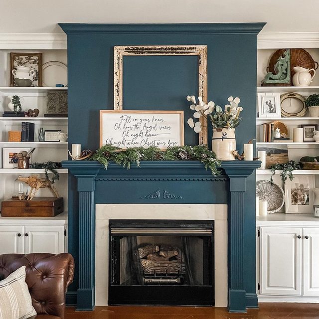 8 Ideas For Painting A Fireplace Moody Teal Courtesy @paintedfarmhouse Instagram