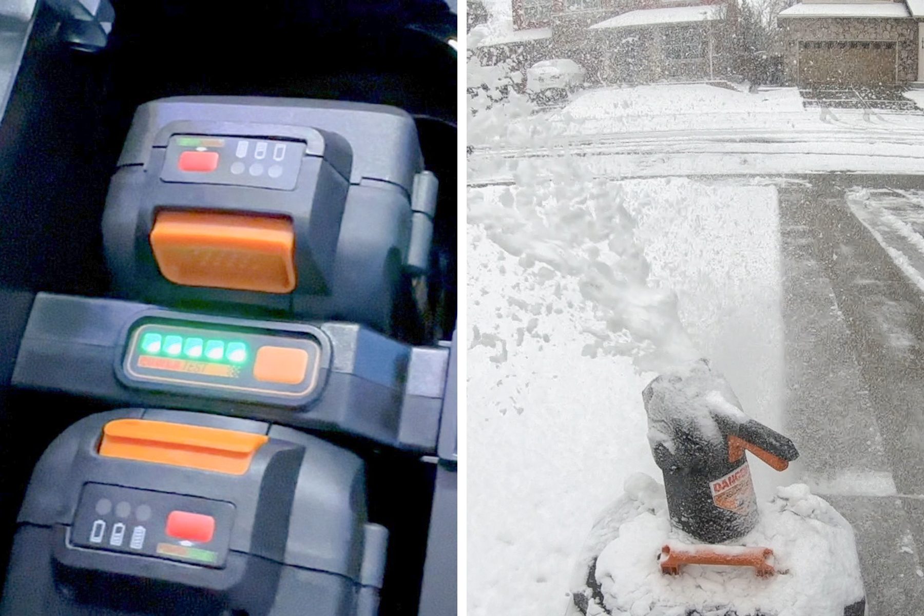 Two batteries charging and Snow blower blowing out snow