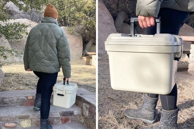 Holding the handle of Yeti Loadout Gobox