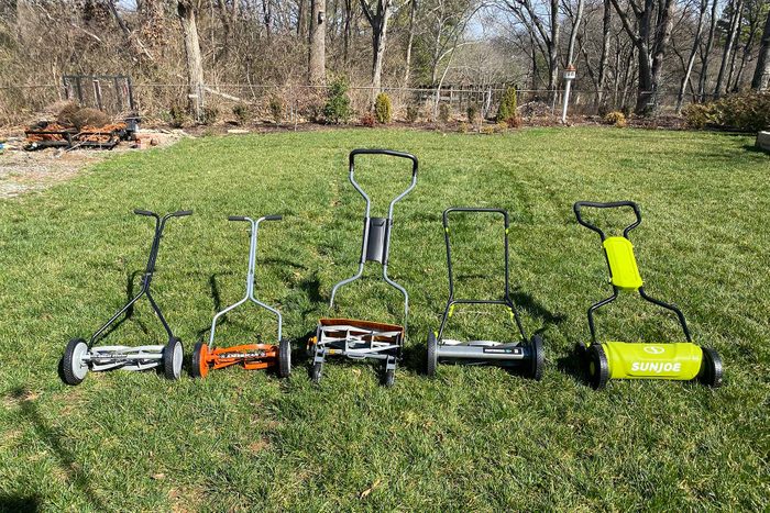5 Reel Lawn Mowers on grass