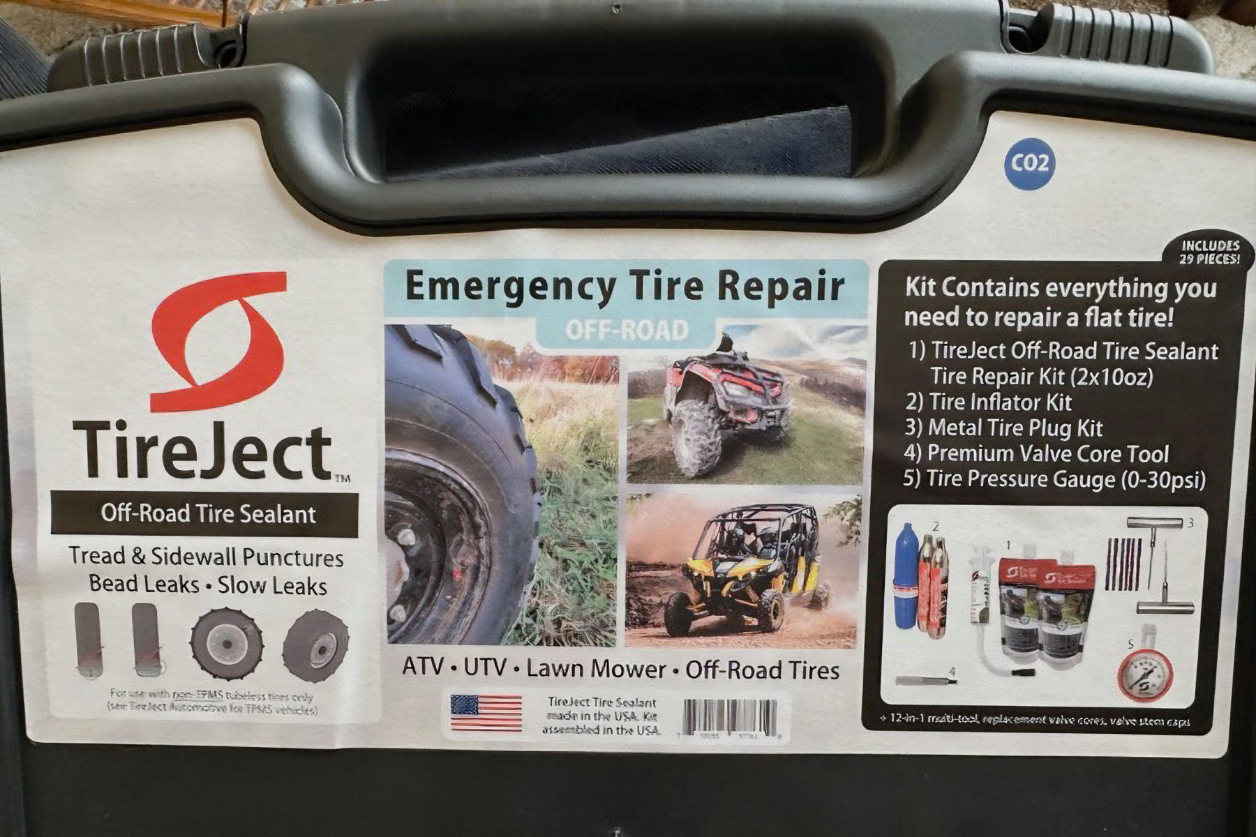 The box of Tireject All In One Off Road Tire Repair Tool Kit 