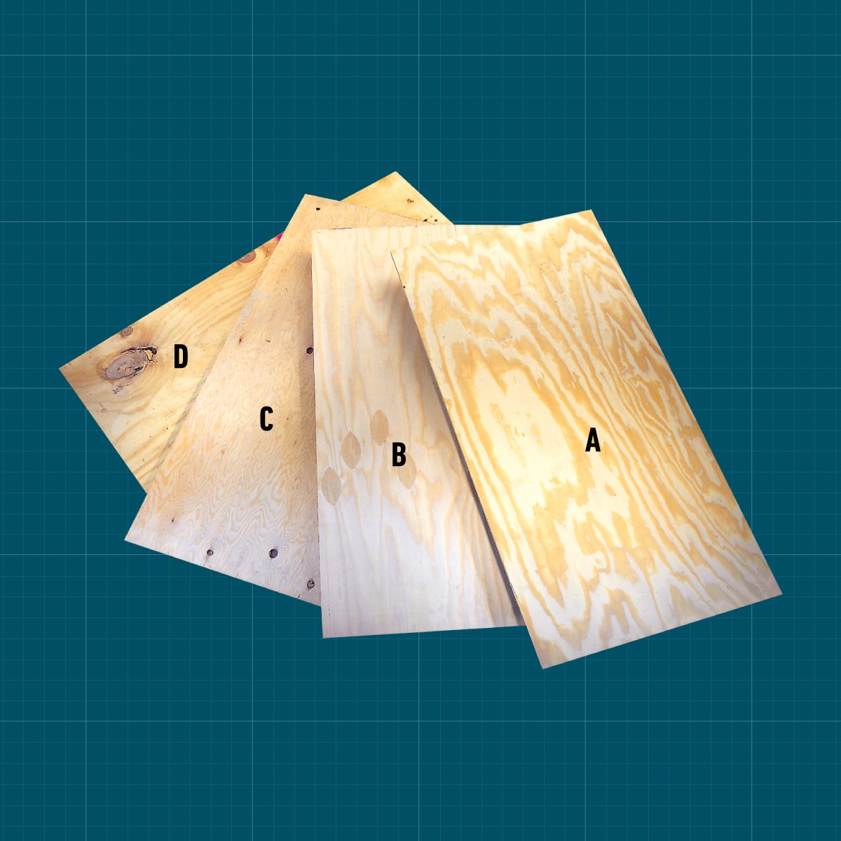 The Different Types Of Plywood Grades on grid background.
