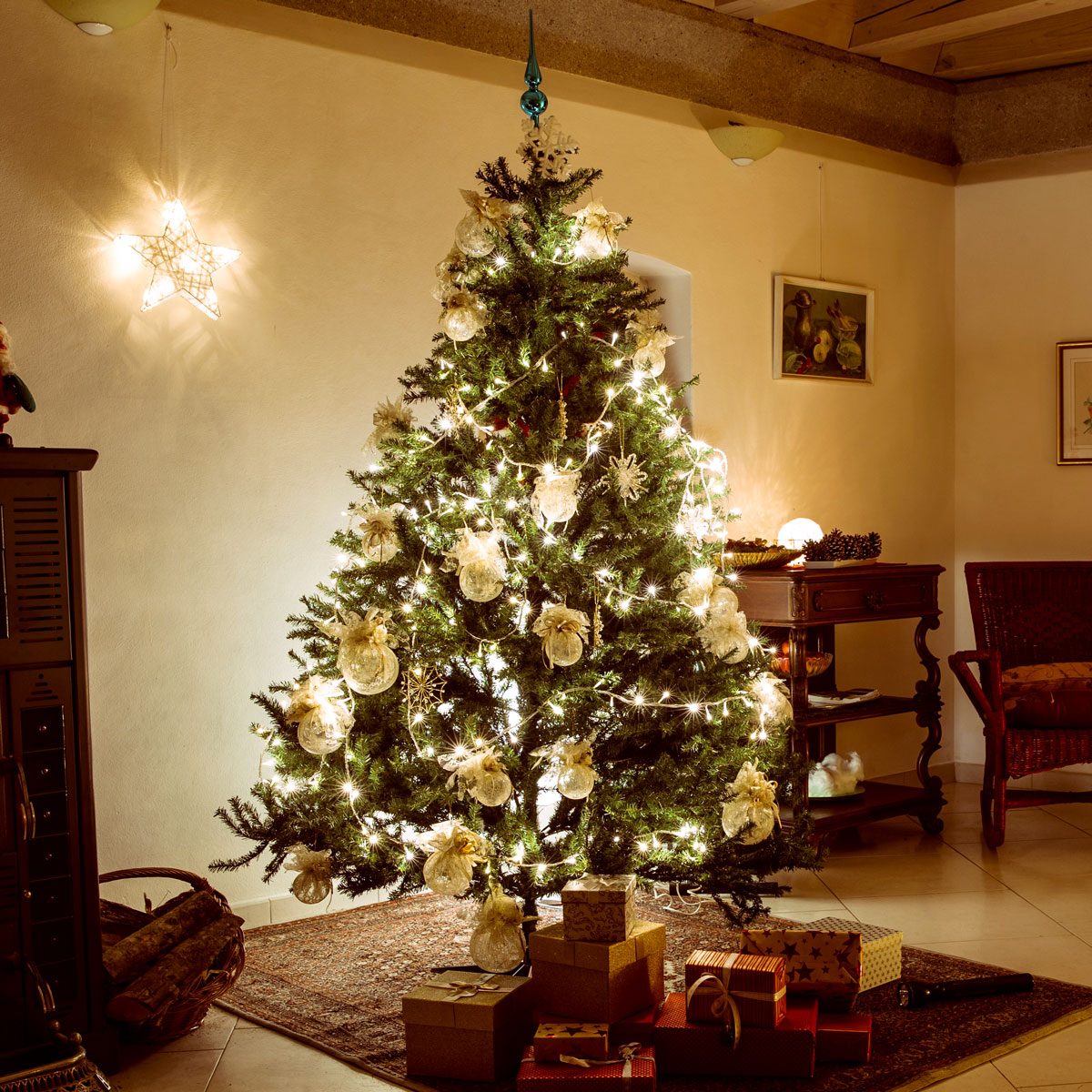 Christmas tree glowing in a house interior