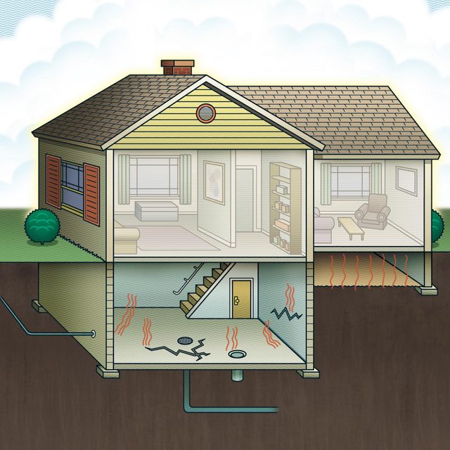 illustration of Radon radiation coming into house from cracks and pipes