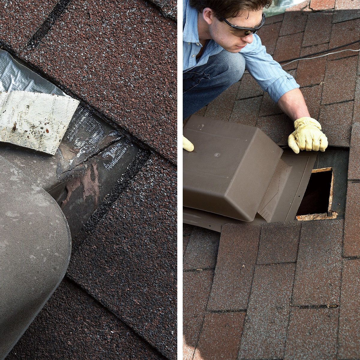 A person installing a roof vent Description automatically generated
